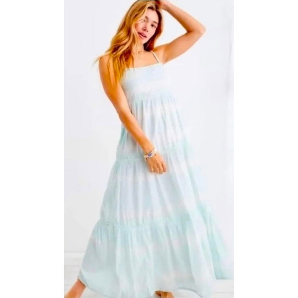 Aerie Aqua Striped Coastal Lace Trim Tiered Criss Cross Back Dress Small